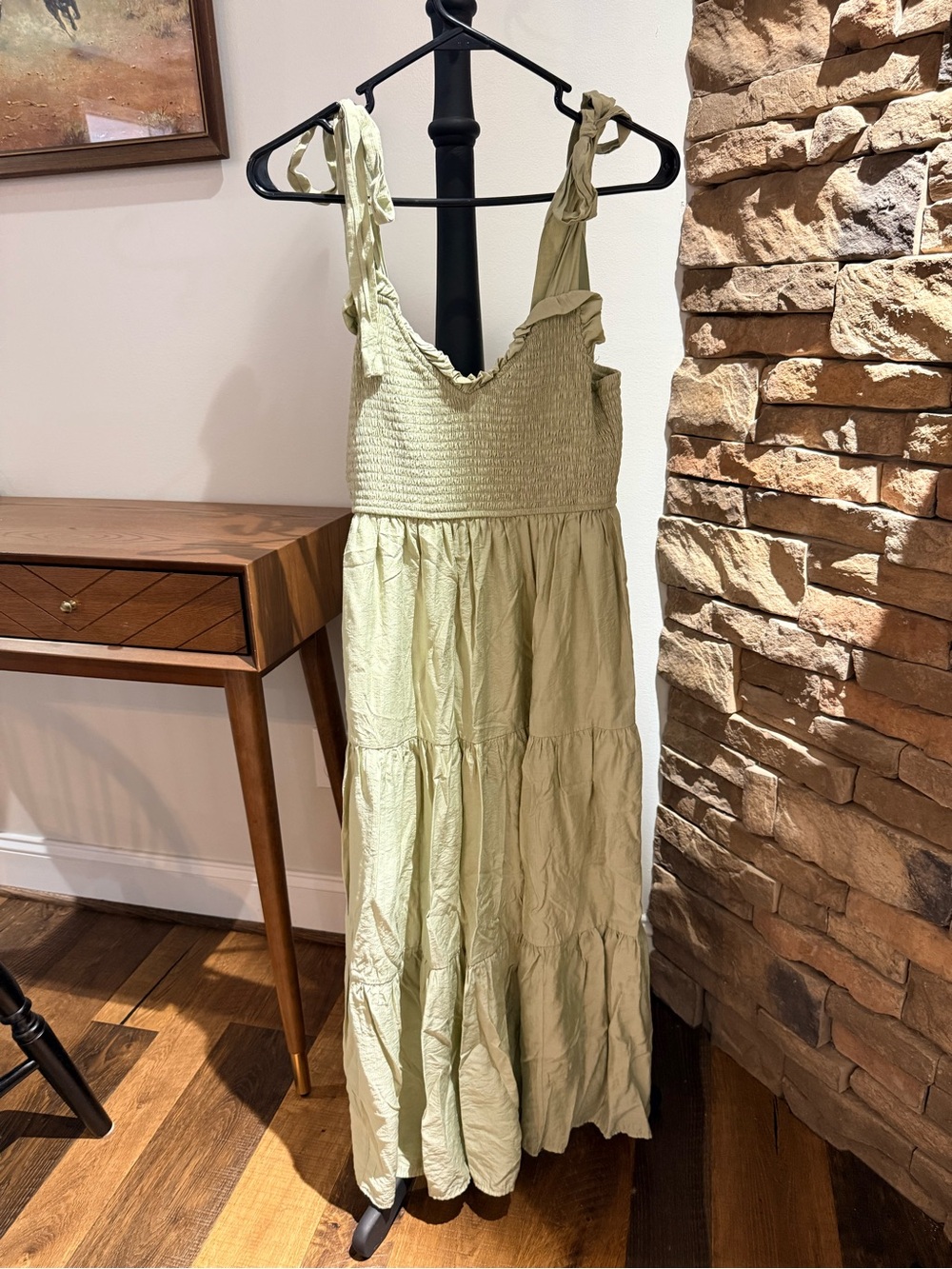 Blu Pepper Sage Green Smocked Tiered Maxi Dress Tie Straps Small